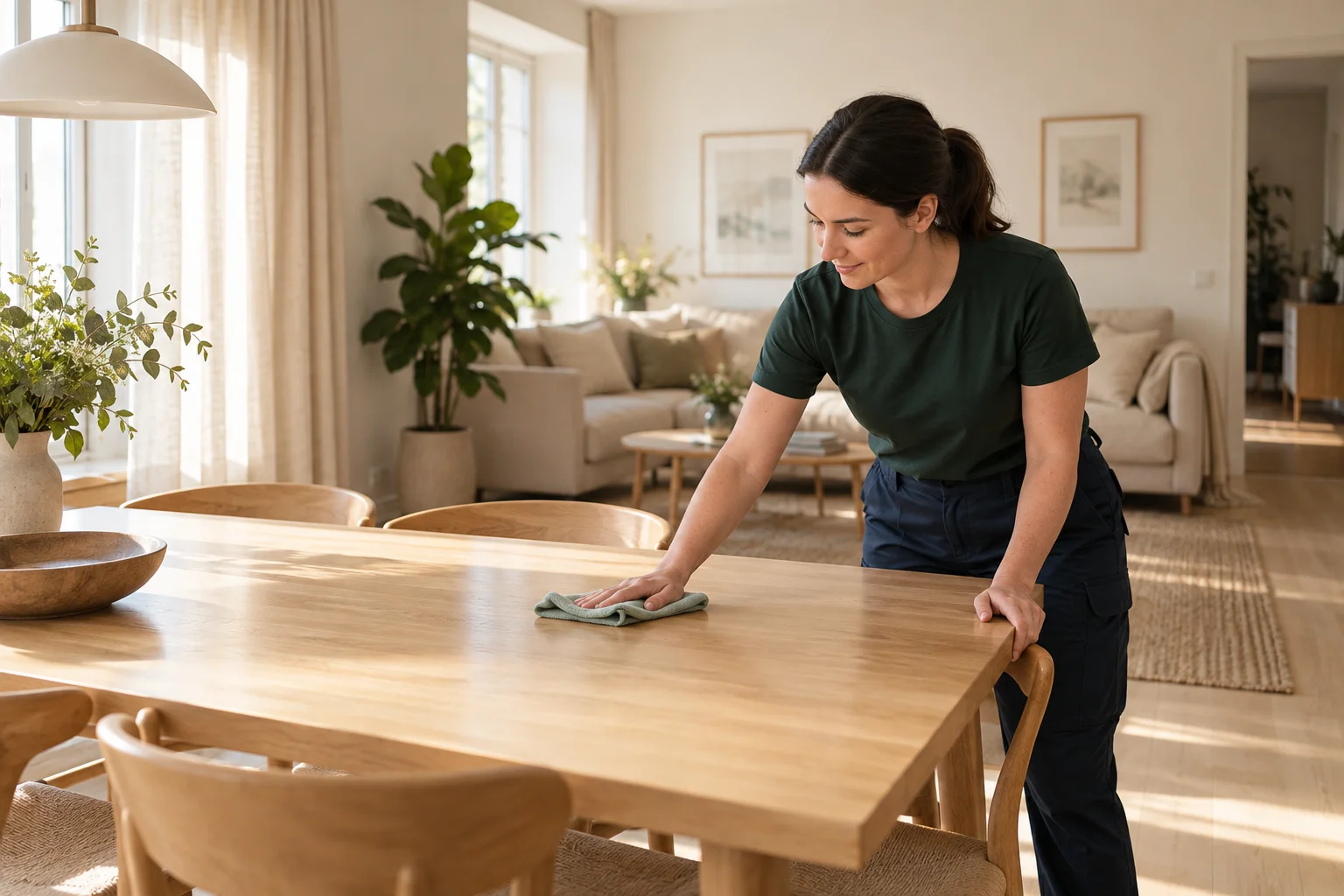 Hemstädning vid en matplats i ett ljust hem