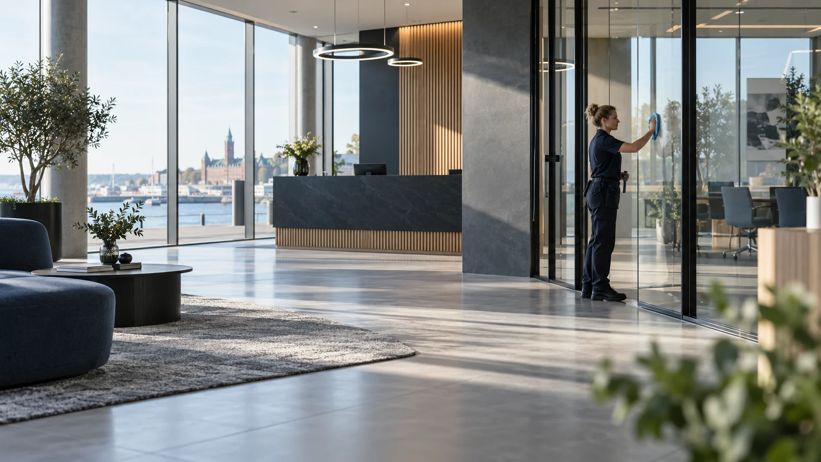 Kontorsstädning av glaspartier i en modern kontorslobby